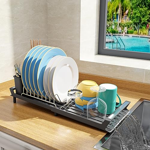 mDesign Compact Dish Drying Rack with Swivel Spout & Silicone Mat