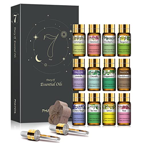 PHATOIL 12PCS Bergamot Essential Oils Set with Diffused Wood and Nice Box, 5ml Essential Oils for Diffusers for Home, Gifts for Families and Friends