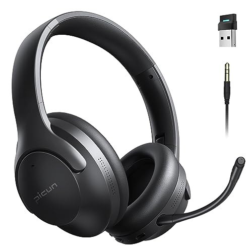 Picun Wireless Gaming Headsets with Active Noise Cancelling, 2.4Ghz/Bluetooth Over Ear Headphones with Detachable Boom Mic, 3D Surround Sound, 50H Playtime for PC, PS5/PS4, Laptop, Cellphones, Black