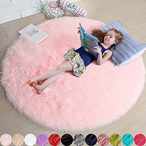 Pink Fluffy Circle Rug 4'X4' for Girls Bedroom