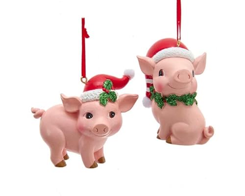 Pink Pig With Santa Hat Ornaments, 2 Assorted