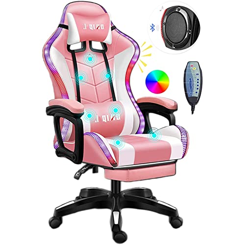 Pink White Gaming Chair with Speakers and Massage