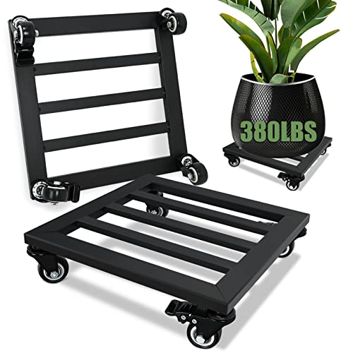 Plant Caddy with Wheels, 2 Pack 12 Inch Plant Stand with Wheels Metal Square Plant Dolly with Lockable Caster Wheels Heavy Duty Plant Dolly Base for Indoor Outdoor Holds up 380 Lbs Pots Planter, Black