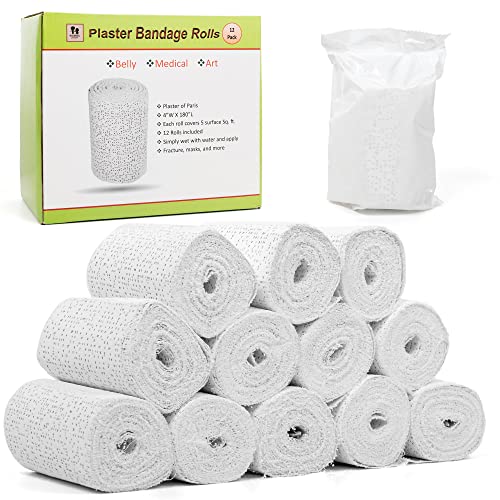 Plaster of Paris Gauze Bandages Rolls for Art Project, Craft Molds for Pregnancy Belly Cast, Paper Mache Sculpture, Face Wrap, Mask Making, Body Casts | Gypsum Clay Paste - 12 Casting Rolls