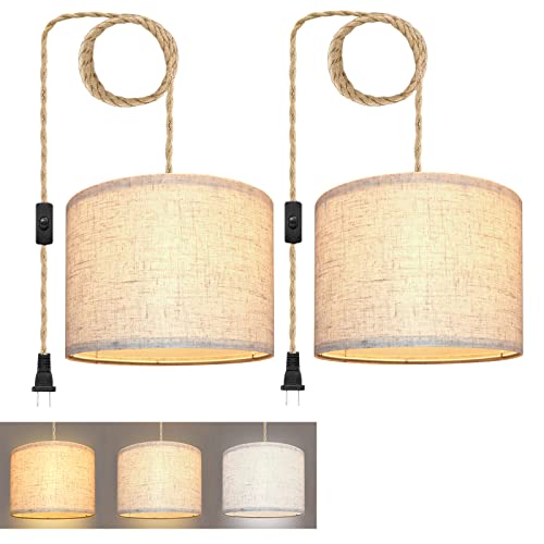 Plug in Pendant Light with Hemp Rope, Beige Linen Shade, 2 Pack