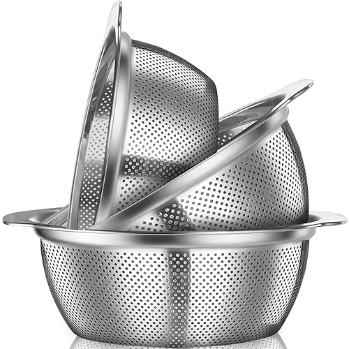 POJORY 3 Piece 304 Stainless Steel 2-2.7-3.2 Quart Colander Set with Handle, Micro-Perforated Strainers and Colanders, Great for Pasta, Noodles, Vegetables and Fruits, BPA Free