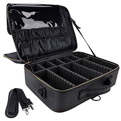 Portable 3-Layer Makeup Travel Case with Adjustable Dividers - Black
