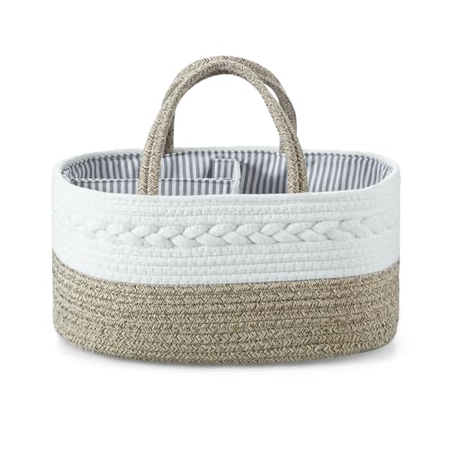 Portable Nursery Storage Basket Cotton Rope Diaper Caddy -Brown