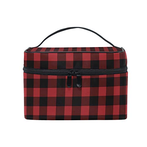 Portable Rustic Red Black Buffalo Check Plaid Print Travel Cosmetic Bag Makeup Bag Makeup Case Organizer Train Case Toiletry Bag with Large Capacity for Cosmetics Make Up Tools