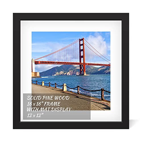 POUYCIW 16x16 inch Wood Picture Frame for Wall Hanging Square Photo Frames with Mats 12x12 inch Pictures for Baby Scan,Poster,Decoration,Anniversary,Wedding,Christmas,Diamond Painting(Black)