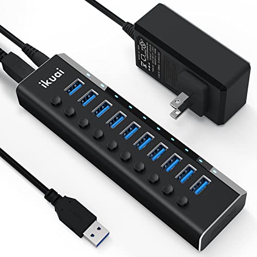 Powered USB Hub 3.0 ikuai Aluminum 10 Port USB 3.0 Data Hub Splitter with 12V/3A 36W Power Adapter and Individual On/Off Switches for Desktop PC Laptop and More