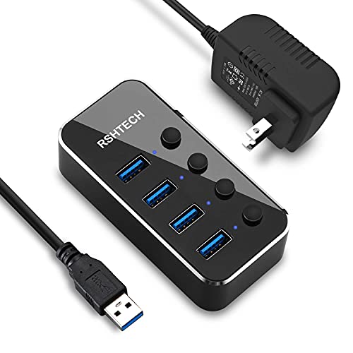 Powered USB Hub, RSHTECH 4 Port USB 3.0 Hub Splitter Portable Aluminum USB Data Hub Expander with Individual On/Off Switch and Universal 5V AC Adapter, 3.3ft USB 3.0 Cable (RSH-516)
