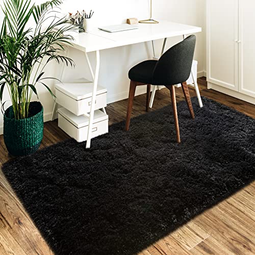 Prabia Super Soft Fluffy Shaggy Rugs 3x5 Feet for Living Room Bedroom, Fuzzy Plush Area Rugs for Girls Kids Room Nursery Home Decor, Furry Dorm Rug Cute Non-Slip Indoor Floor Carpet, Black