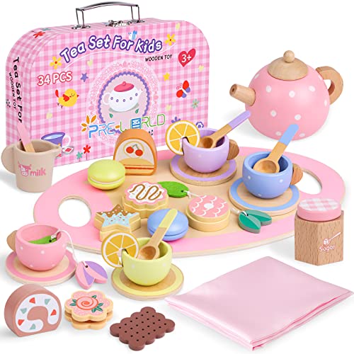 PRE-WORLD 34PCS Wooden Toys Toddler Tea Set