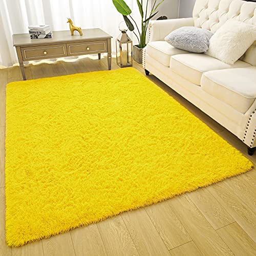Premium Soft Fluffy Rug 4x5.3 Feet for Bedroom, Living Room and Kids Room Decor, Yellow