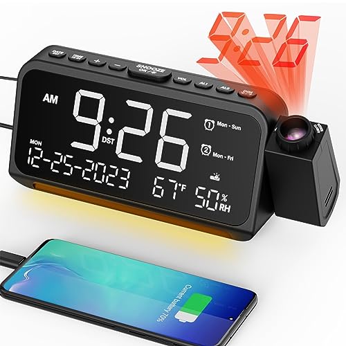 Projection Alarm Clock with Ceiling Projection, Night Light, Date, Temperature, Dual Alarms