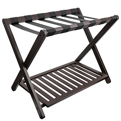 Purbambo Folding Luggage Rack with Storage Shelf - Brown