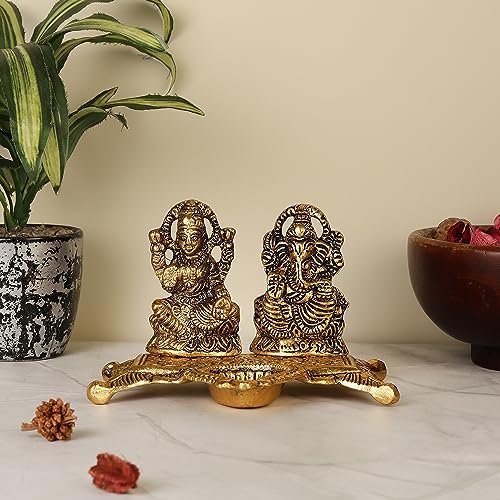 Purestory Laxmi Ganesh Chowki Diya and Candle Holder - Gold - 6 Inches