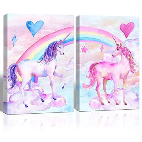 Purple Verbena Art Pink Unicorn Love Heart Canvas Wall Art Pictures Colorful Rainbow Cloud Prints Wall Decor Artwork Painting Framed for Kids Girls Bedroom Decor Children Party Gifts 16x24, 2 PCS