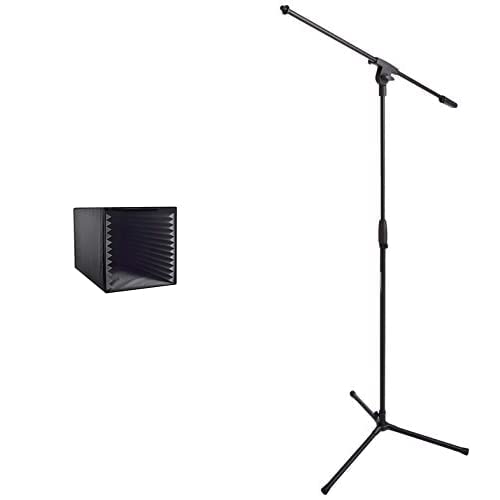 Pyle Recording Shield Box-Microphone Foam Booth Cube and Tripod Boom Microphone Stand Combo