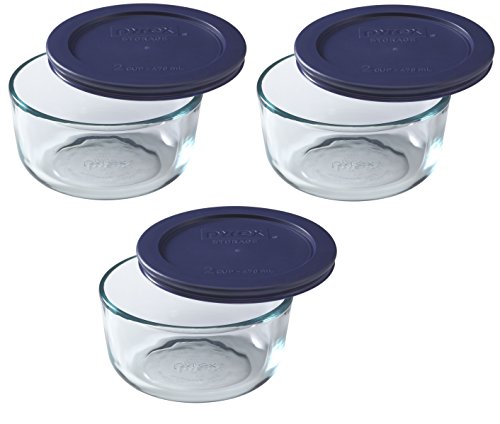 Pyrex Blue (2-Cup Pack of 3) Storage Round Dish with Dark Plastic Cover, Clear