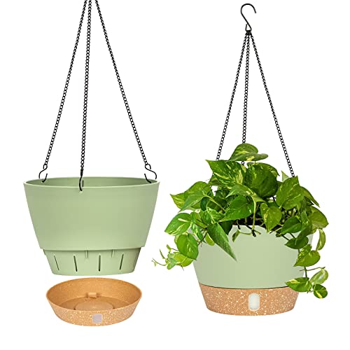 QCQHDU 2 Pack Hanging Planters Set,10 Inch Indoor Outdoor Hanging Plant Pot Basket,Hanging Flower Pot with Drainage Hole with 3 Hooks for Garden Home(Green)