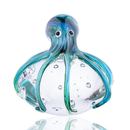 QFkris Qf Handmade Octopus Blown Glass Figurine Gift for Christmas, Birthday Home Decor Blue-Green Paper Weight