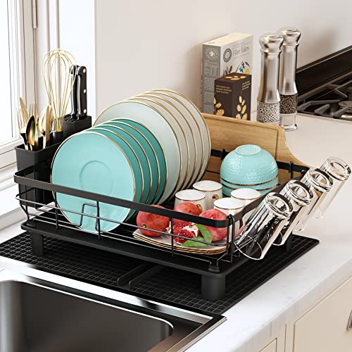 SHCKE 3 Tier Large Dish Drying Rack Iron+pp Dish Rack and Drainboard Set  for Kitchen Counter Big Dish Drainer with Tray Cutting Board Holder,  Utensil Holder and Cup Holder(Side Drain) 