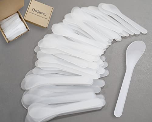 QsQueen 100 PCS of White Color Cosmetic Spatula for Makeup Face Mask Plastic Spoon Disposable Makeup Tools for Mixing and Sampling 4.88'' x 1.06”/Spatulas Skin Care Facial Cream Mask Spatula