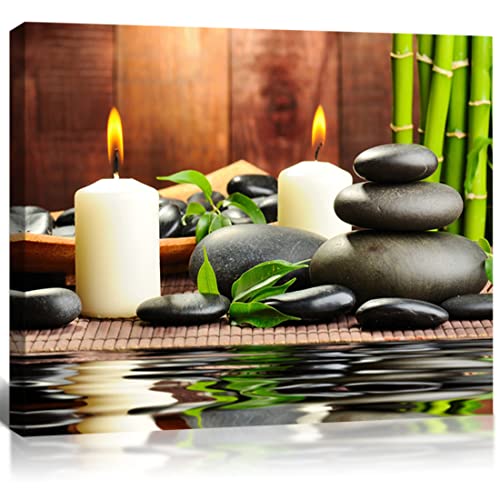 QTESPEII Zen Canvas Wall Art Paintings Decor Black Stone White Candle Green Bamboo Picture Posters for Spa Yoga Room Bathroom, Framed Modern Office Décor Home Walls Decoration, 12"x16"x 1Panel
