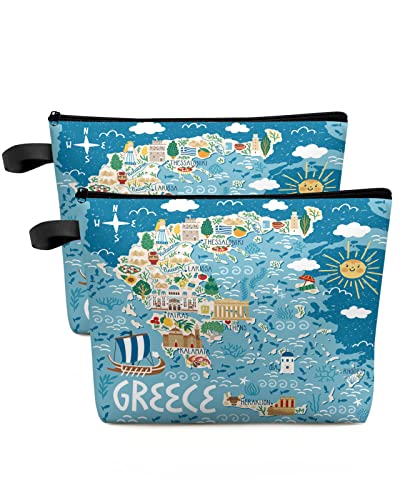 Queen Area Makeup Bag Cosmetic Bag Travel Makeup Bag 2 PCS - Portable Toiletry Bag Waterproof Cosmetic Bag for Women Girl - Greek Island Map Decorative Cartoon Makeup Pouch