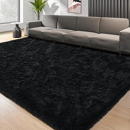 Quenlife Soft Bedroom Rug, Plush Shaggy Carpet Rug for Living Room, Fluffy Area Rug for Kids Grils Room Nursery Home Decor Fuzzy Rugs with Anti-Slip Bottom, 3 x 5ft, Black