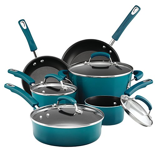 Rachael Ray Brights Nonstick Cookware Pots and Pans Set, 10 Piece, Marine Blue