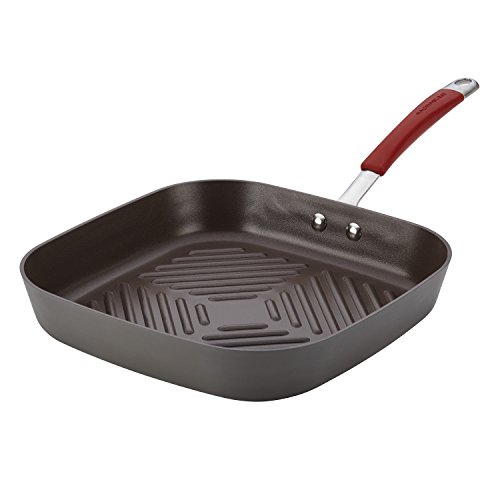Rachael Ray Cucina Hard Anodized Nonstick Grill/Deep Square Griddle Pan, 11 Inch, Gray with Red Handles