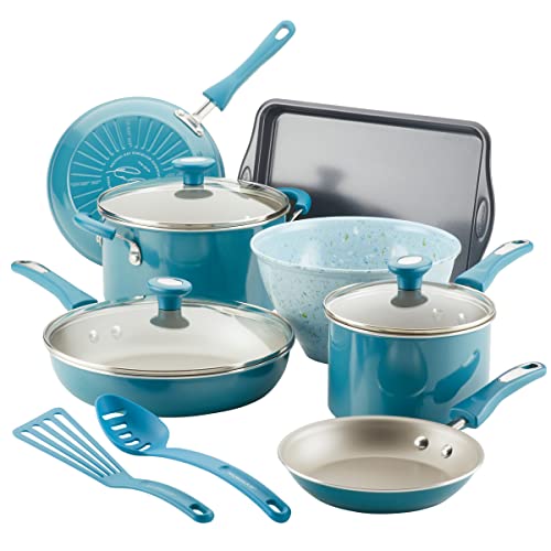 Rachael Ray Nonstick Cookware Set with Baking Pan and Cooking Tools - Turquoise