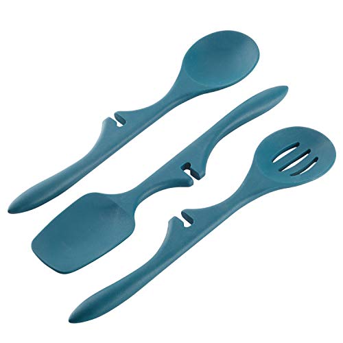 Rachael Ray Nonstick Utensils/Lazy Spoonula, Solid and Slotted Spoon, 3 Piece, Marine Blue