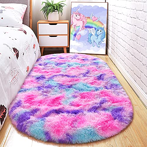 Rainbow Fluffy Oval Rug for Bedroom