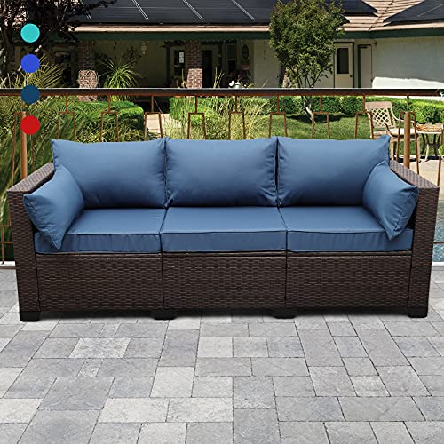 Rattaner 3-Seat Patio Wicker Sofa, Outdoor Rattan Couch Furniture Steel Frame with Furniture Cover and Deep Seat High Back, Blue Anti-Slip Cushion