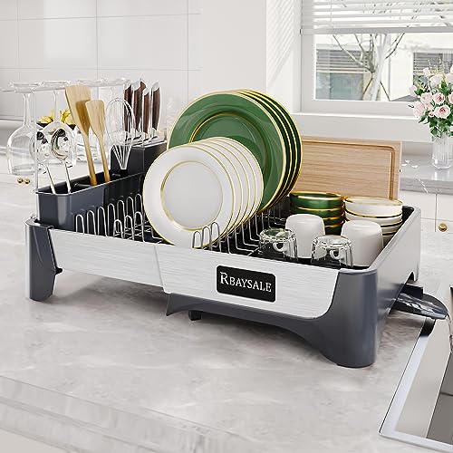 Navaris Dish Drainer Rack - Plate, Silverware, Pots and Pans Drying Rack  for Kitchen with Beechwood Handles - Modern Retro Design Drip Tray - White