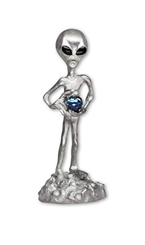 Real Metal UFO Alien Holding Faceted Crystal Ball Pewter Statue Gray