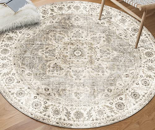 ReaLife Machine Washable Rug - Stain Resistant, Non-Shed - Eco-Friendly, Non-Slip, Family & Pet Friendly - Made from Premium Recycled Fibers - Vintage Distressed Medallion - Beige Ivory- 4' Round