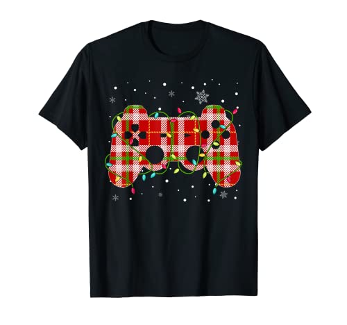 Red Buffalo Plaid Gamer Video Game Santa Hat Christmas Light T-Shirt
