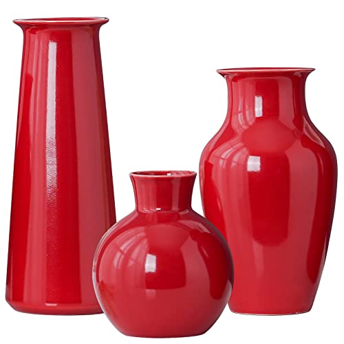 Red Ceramic Vase Set for Home Decor - Modern Farmhouse Rustic Clay Flower Vases