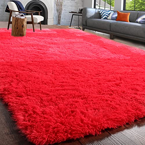 Red Fluffy Shag Area Rugs for Bedroom