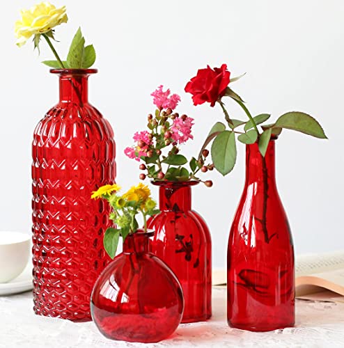 Red Glass Vase Set of 4