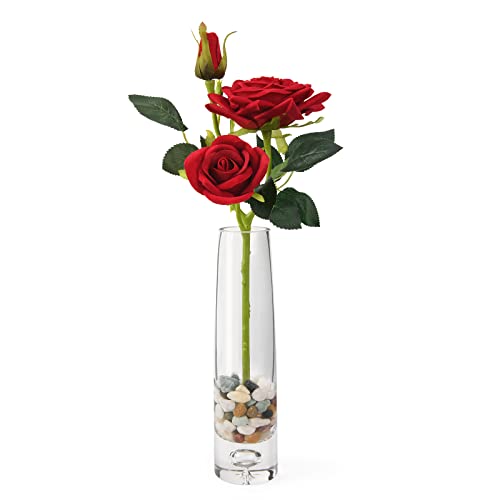 Red Rose Silk Flowers Bouquet with Glass Vase