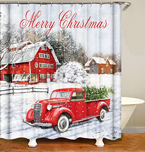 Red Truck Christmas Shower Curtains for Bathroom