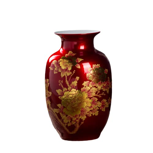 Red Vase Oriental Ceramic Flower Vases Decorated with Peony Design for Home Living Room Ornaments and Wedding