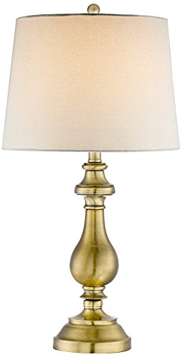 Regency Hill Traditional Style Table Lamp 26" High Antique Brass Gold Metal Candlestick White Tan Fabric Drum Shade Decor for Living Room Bedroom House Bedside Nightstand Home Office Family