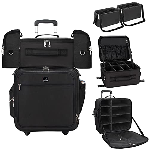 Relavel Rolling Makeup Case Professional Makeup Train Case Makeup Artist Travel Organizer 4 in 1 with Detachable Cosmetic Case and Dual Makeup Brush Case and Wheels (Black, 4-Pack)